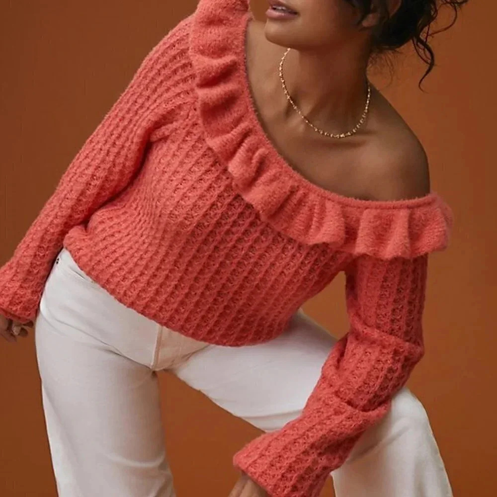 Anthropologie Coral Off-the-Shoulder Ruffle Sweater